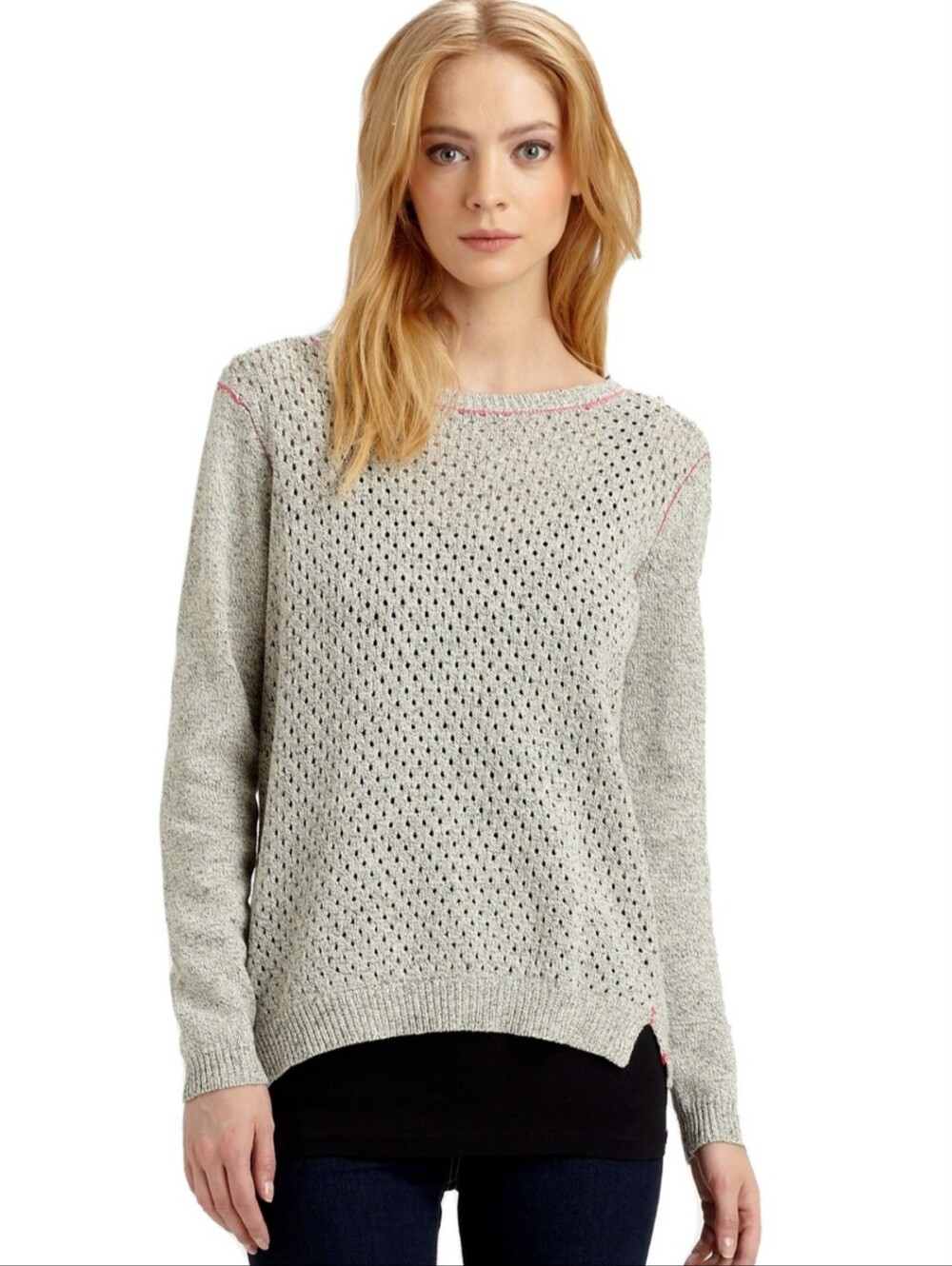 Nwot, Rebecca Taylor Light Gray Open-Knit Crewneck Sweater with Pink Trim
